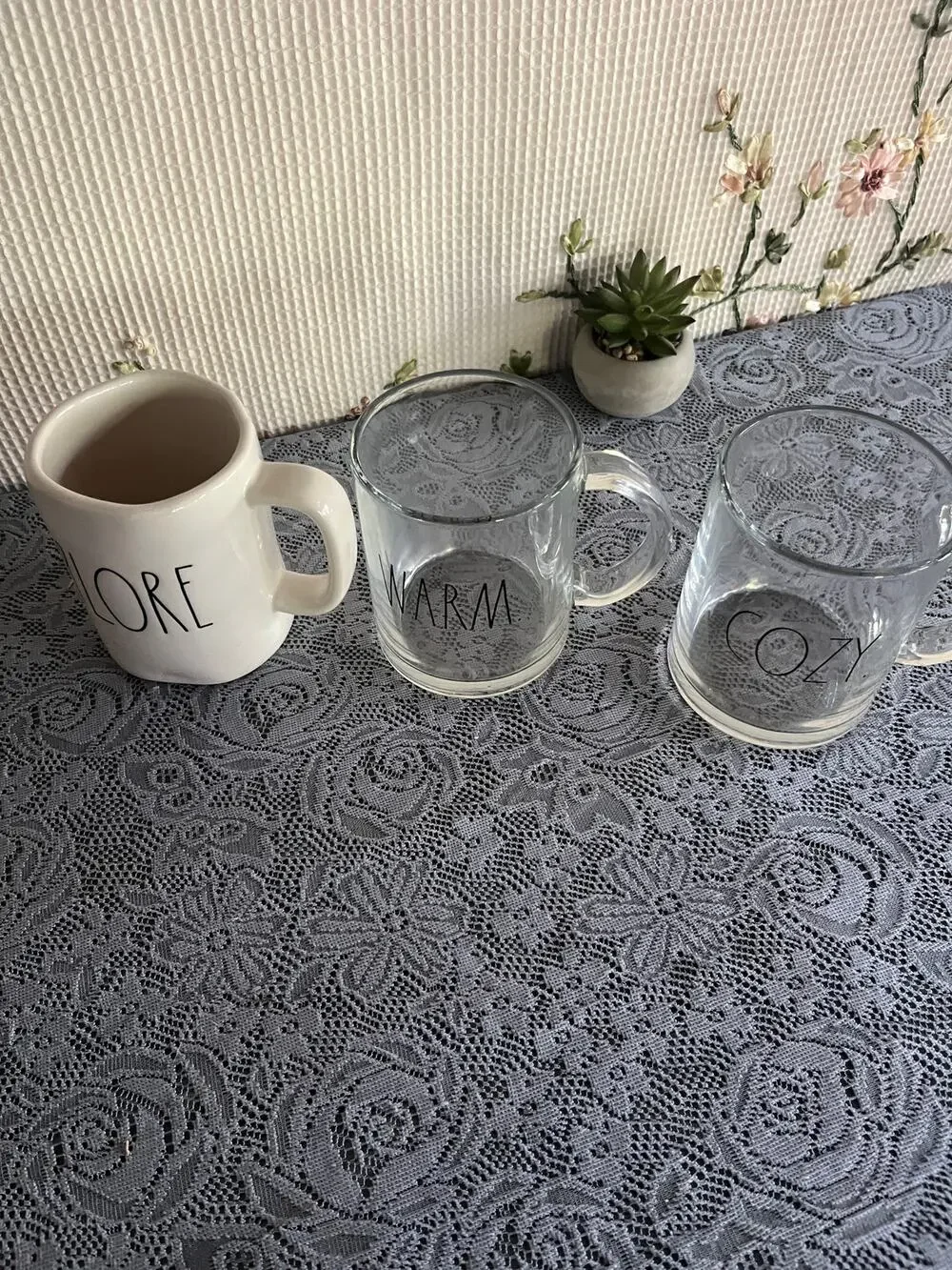 Rae Dunn Mug Lot of 3 EXPLORE Ceramic Plus WARM COZY Glass Mugs by Magenta